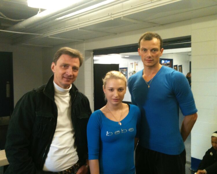 Oleg Vassiliev and a young pair team for the manleywoman skatecast, a figure skating podcast
